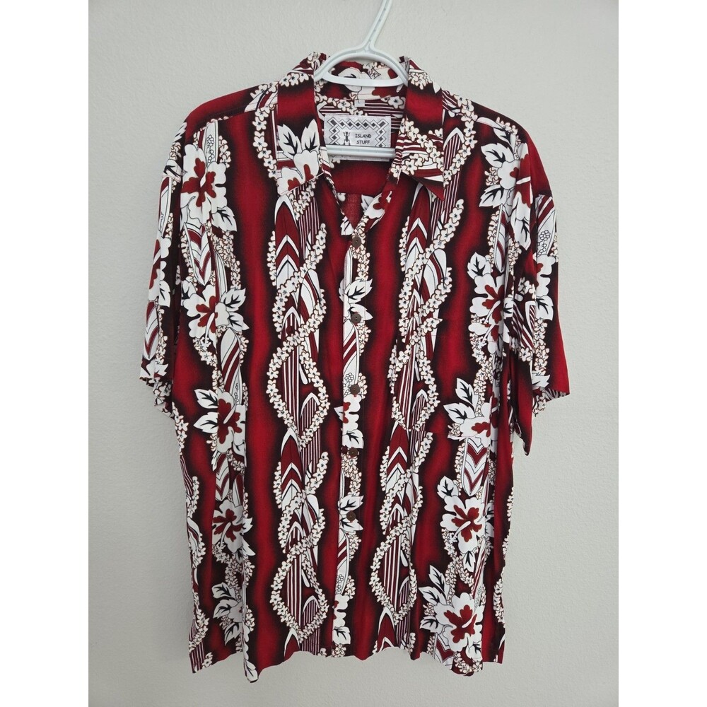 Vtg 90s Island Stuff Aloha Shirt Mens L HibiscusTropical Hawaiian Resort Beach